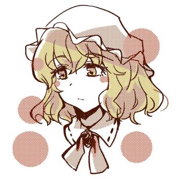 Rule 34 | 1girl, blonde hair, blush stickers, bow, bowtie, closed mouth, collared dress, commentary, dress, hair between eyes, hat, maribel hearn, mob cap, sanwa no jako (daikichi club), short hair, solo, touhou, white background, white hat, yellow eyes