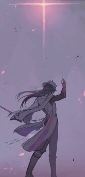 Rule 34 | 1boy, ashveil (honkai: star rail), black hair, black pants, black shirt, cane, crescent, crescent pin, fedora, from behind, gradient hair, hat, hat ornament, highres, holding, holding cane, honkai: star rail, honkai (series), jacket, jewelry, lapel pin, long hair, male focus, mg omom, multicolored hair, necklace, pants, shirt, solo, tooth necklace, turtleneck, white hair, white hat, white jacket