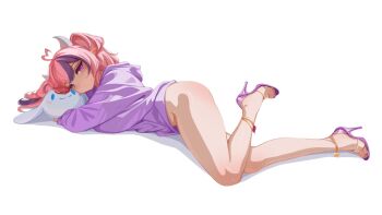 1girl ahoge cinnamoroll demon_girl demon_horns heart heart_ahoge high_heels highres horns indie_virtual_youtuber ironmouse ironmouse_(1st_costume) long_sleeves looking_at_viewer lying multicolored_hair no_panties no_pants on_side oversized_clothes pink_hair purple_eyes purple_streaks sansha_art solo streaked_hair stuffed_toy virtual_youtuber white_background