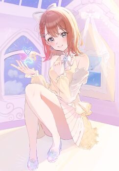 Rule 34 | 1girl, absurdres, bare shoulders, bow, breasts, closed mouth, commentary request, dress, full body, grey eyes, hair bow, hair ornament, hanasato minori, highres, knees up, legs, long sleeves, looking at viewer, medium hair, miyu 10969, object floating above hand, orange hair, project sekai, purple shoes, shoes, short dress, sitting, small breasts, smile, solo, white bow, yellow dress