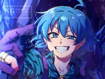 1boy ahoge babyls_school_uniform blue_eyes blue_hair commentary_request earrings gloves gold_ring grin hair_between_eyes highres hm_eityemu jewelry light_blush looking_at_viewer mairimashita!_iruma-kun male_focus school_uniform short_hair smile solo suzuki_iruma sweat twitter_username watermark