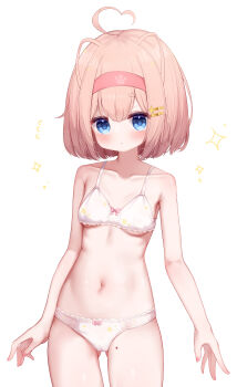1girl absurdres ahoge blonde_hair blue_eyes blush bob_cut bow bow_bra bow_panties bra breasts commentary cowboy_shot flying_sweatdrops gluteal_fold hair_ornament hairband hairclip heart heart_ahoge highres lace lace-trimmed_bra lace-trimmed_panties lace_trim looking_at_viewer micho_(ryty2833) mole mole_on_thigh navel original panties parted_lips red_hairband short_hair simple_background small_breasts solo sparkle standing underwear underwear_only white_background white_bra white_panties