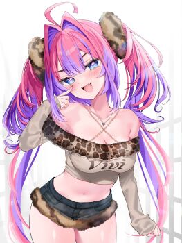 1girl ahoge armpit_peek bare_shoulders blue_eyes blue_shorts breasts buta_tamako cleavage cowboy_shot criss-cross_halter crop_top cross-shaped_pupils denim denim_shorts fur_trim grey_shirt halterneck hand_up highres hololive hololive_dev_is jewelry kikirara_vivi large_breasts long_sleeves micro_shorts midriff multicolored_hair navel necklace off-shoulder_shirt off_shoulder open_mouth pink_hair purple_hair shirt shorts simple_background smile solo spaghetti_strap stomach streaked_hair symbol-shaped_pupils thighs twintails two-tone_hair virtual_youtuber white_background