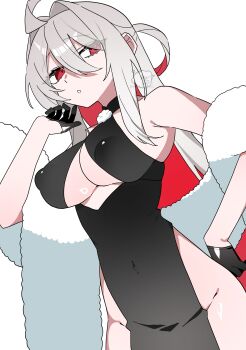 Rule 34 | 1girl, :o, absurdres, ahoge, bare shoulders, black dress, breasts, cleavage cutout, clothing cutout, cocktail dress, commentary request, covered erect nipples, covered navel, cowboy shot, diamond-shaped pupils, diamond (shape), disdain, dress, dutch angle, folded ponytail, from below, grey hair, grey shirt, hair between eyes, hair intakes, halterneck, highres, large breasts, lips, long hair, looking at viewer, ma tai (oimotororo1116), no panties, oimotororo1116, ojou-sama pose, original, parted lips, red eyes, scarf, shirt, sidelocks, sleeveless, solo, standing, symbol-shaped pupils, thick eyelashes, thighs, underboob, very long hair, white background, white scarf