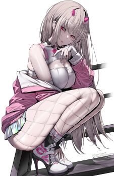 1girl artist_name bare_shoulders breasts brown_hair cleavage closed_mouth ekuskarma fishnet_pantyhose fishnets full_body glowing goddess_of_victory:_nikke half-closed_eyes heart high_heels highres horns jacket large_breasts long_hair long_sleeves looking_at_viewer miniskirt off_shoulder open_clothes open_jacket panties pantyhose pink_jacket pleated_skirt red_eyes shoes simple_background skirt solo sports_bra squatting stairs twitter_username underwear very_long_hair viper_(nikke) white_background white_panties white_pantyhose white_shoes white_skirt white_sports_bra zipper_pull_tab
