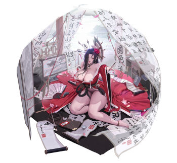 1girl absurdres ankle_strap bare_shoulders black_hair breasts cleavage eyes_visible_through_hair flower folding_fan full_body hair_flower hair_ornament hair_over_one_eye hair_stick hand_fan highres huge_breasts hui_z_jie japanese_clothes kimono long_hair long_sleeves mature_female no_panties original outstretched_arm pink_flower red_flower red_kimono red_lips red_rose rose scroll string string_of_fate thighs variant_set white_background wide_sleeves