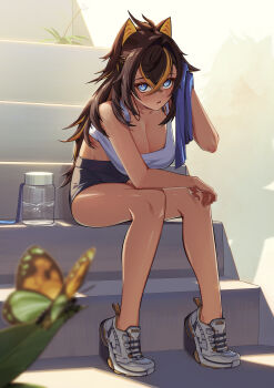 1girl absurdres ahoge alternate_costume bare_arms bare_legs bare_shoulders black_hair black_shorts blonde_hair blue_eyes blurry blurry_foreground bottle breasts bug butterfly cleavage collarbone crossed_bangs dark-skinned_female dark_skin dehya_(genshin_impact) earbuds earphones genshin_impact hair_between_eyes hair_ears hair_intakes highres holding holding_towel huan_biao_xiang insect large_breasts leaning_forward legs long_hair looking_at_viewer multicolored_hair parted_lips shoes shorts sitting sitting_on_stairs solo sports_bra stairs streaked_hair thighs toned toned_female towel two-tone_hair very_long_hair water_bottle white_shoes white_sports_bra yellow_pupils