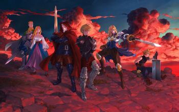 2girls 4boys agrias_oaks armor beard beowulf_cadmus blonde_hair buster_sword cape cidolfus_orlandeau cloak cloud_strife commentary dress english_commentary evening facial_hair final_fantasy final_fantasy_tactics final_fantasy_vii flower grey_hair highres holding holding_sword holding_weapon hood hooded_cloak in-franchise_crossover multiple_boys multiple_girls ramza_beoulve reis_duelar samuel_deats spiked_hair sword weapon