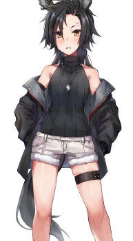 1girl air_shakur_(umamusume) animal_ears bare_shoulders black_coat black_hair blush coat eyebrow_piercing face_piercing hasumushi highres horse_ears horse_girl horse_tail jacket jewelry long_hair long_sleeves looking_at_viewer necklace open_clothes open_coat open_mouth parted_lips piercing short_shorts shorts simple_background sleeveless sleeveless_sweater smile solo sweater tail teeth thigh_strap umamusume white_background white_shorts white_sweater yellow_eyes