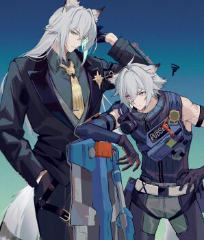 Rule 34 | 2boys, absurdres, animal ear fluff, animal ears, belt, belt buckle, bicep strap, black gloves, black jacket, black suit, brothers, buckle, cat boy, cat ears, cat tail, collared shirt, colored inner hair, colored tips, commentary request, crossed bangs, formal clothes, gloves, gradient background, grey shirt, hair intakes, half gloves, half updo, hand in pocket, highres, hinatsu, jacket, long hair, long sleeves, multicolored hair, multiple boys, necktie, police, police badge, police uniform, policeman, purple eyes, scar, scar on arm, scar on shoulder, seth lowell, severian lowell, shirt, siblings, sleeveless, suit, tail, thigh belt, thigh strap, very long tail, white hair, yellow eyes, yellow necktie, zenless zone zero