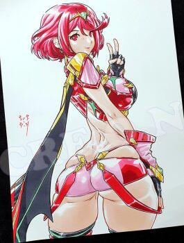 1girl arm_at_side arm_up armor ass back bob_cut breasts commentary cowboy_shot cre.o.n dimples_of_venus english_commentary female_focus fingerless_gloves gloves green_trim hair_between_eyes impossible_clothes jewelry large_breasts monolith_soft nintendo pinup_(style) pyra_(xenoblade) red_armor red_eyes red_hair red_lips red_thighhighs short_hair short_shorts shorts shoulder_armor sideboob simple_background smile solo standing suspenders thick_thighs thighhighs thighs tiara traditional_media v watermark white_background xenoblade_chronicles_(series) xenoblade_chronicles_2