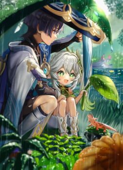 1boy 1girl anemo_symbol_(genshin_impact) anklet arm_on_thigh armlet asymmetrical_sidelocks black_bodysuit black_bridal_gauntlets black_hair black_shorts bloomers blue_cape blue_hat blue_jingasa blue_sleeves blunt_ends blurry blush bodysuit braid bridal_gauntlets cape closed_mouth colored_tips commentary_request cross-shaped_pupils depth_of_field detached_sleeves dew_drop dress eyelashes eyeliner flower furisode gecko gem genshin_impact gold gold_anklet gold_armlet grass green_dress green_eyes green_gem green_hair green_sleeves hair_intakes hakama hakama_shorts half_crown_braid happy hat improvised_umbrella japanese_clothes jewelry jingasa kimono kumanee3 layered_sleeves leaf_umbrella leg_warmers lily_(flower) lily_pad looking_at_animal makeup mandarin_collar multicolored_hair mushroom nahida_(genshin_impact) open_mouth outdoors plant pleated_shorts pond purple_eyes purple_rope rain red_eyeliner rope scaramouche_(genshin_impact) short_sleeves shorts shoulder_peek side_cape sidelocks sitting smile socks spinocrocodile_(genshin_impact) squatting stirrup_footwear symbol-shaped_pupils tsurime underwear vision_(genshin_impact) wanderer_(genshin_impact) water_drop white_bloomers white_hair white_kimono white_leg_warmers white_sleeves white_socks white_trim yellow_flower yellow_pupils