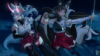 animal_ears arrow_(projectile) bandaged_arm bandages bow_(weapon) commission dangodes detached_sleeves f-35_lightning_ii fox_ears fox_tail glowing glowing_eyes hair_ornament highres horns katana kawakami_miyuki kawashima_misato kitsune multicolored_tail muneate second-party_source signature strike_witches_1991 sword tail weapon world_witches_series