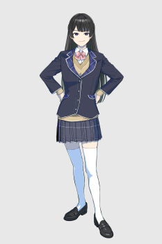 Rule 34 | 1girl, absurdres, black hair, black shoes, blazer, blunt bangs, bow, closed mouth, hair ornament, hairclip, hands on own hips, highres, hime cut, jacket, lapels, loafers, long hair, long sleeves, looking at viewer, nijisanji, plaid clothes, plaid lapels, plaid skirt, pleated skirt, school uniform, shoes, simple background, skirt, solo, standing, tanaka hirotaka, thighhighs, tsukino mito, tsukino mito (1st costume), virtual youtuber, white thighhighs