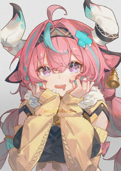 1girl ahoge animal_ears aqua_hair bandaid bandaid_on_horn bandeau bell bell_earrings black_bandeau braid cow_ears cow_girl cow_horns cowbell detached_sleeves drooling ear_bell earrings genshin_impact hairband hands_on_own_cheeks hands_on_own_face highres horns jewelry long_hair low_twin_braids mouth_drool multicolored_hair openvl pink_hair purple_eyes solo streaked_hair twin_braids varesa_(genshin_impact) white_horns yellow_sleeves