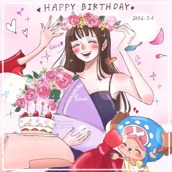 Rule 34 | 1girl, 3boys, antlers, black hair, blue dress, blue nose, blunt bangs, blush, bouquet, commentary request, cross, dated, dress, eyelashes, falling petals, flower, flower wreath, giant, happy birthday, hat, highres, holding, holding bouquet, hood, horns, jaguar d. saul, koinako mi, long hair, monkey d. luffy, multiple boys, nico robin, one piece, open mouth, out of frame, petals, pink hat, pink nails, reindeer antlers, sitting, smile, tony tony chopper, twitter username