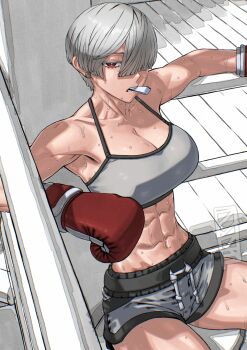 1girl abs biceps boxing_gloves breasts commentary feet_out_of_frame grey_hair hair_over_one_eye highres large_breasts looking_at_viewer muscular muscular_female original red_eyes rggr short_hair shorts sitting solo sports_bra sweat