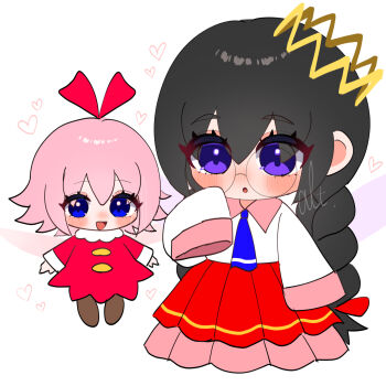 2girls alt_0218 black_hair blush braid chibi commentary_request crown fairy fairy_wings glasses highres kirby_(series) kirby_64 long_skirt low_twin_braids multiple_girls nintendo pink_hair ribbon_(kirby) ripple_star_queen signature simple_background skirt sleeves_past_fingers sleeves_past_wrists smile twin_braids white_background wings
