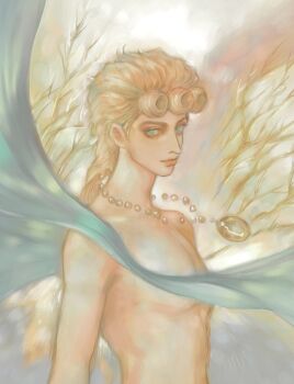 1boy a_io_u aqua_eyes bead_necklace beads blonde_hair closed_mouth curly_hair giorno_giovanna highres jewelry jojo_no_kimyou_na_bouken long_hair looking_at_viewer male_focus necklace pendant solo topless_male upper_body vento_aureo