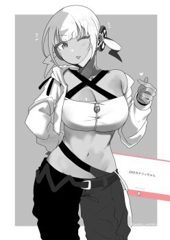 1girl bandeau bare_shoulders belt blush breasts canari_(pokemon) cleavage dark-skinned_female dark_skin greyscale highres jacket large_breasts long_sleeves looking_at_viewer mask medium_hair monochrome mouth_mask multicolored_hair navel nintendo one_eye_closed pants pokemon pokemon_legends:_z-a solo split-color_hair thighs tongue tongue_out twintails two-tone_mask two-tone_pants wakamochi-ta