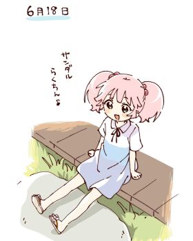 1girl :d black_ribbon blue_dress blush_stickers brown_sandals child collared_dress dress full_body grass green_eyes hair_bobbles hair_ornament hashtag-only_commentary highres namori neck_ribbon open_mouth pink_hair ribbon sandals short_hair short_sleeves short_twintails simple_background sitting smile solo translation_request twintails white_background yoshikawa_chinatsu yuruyuri