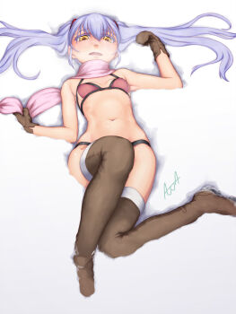 1girl ^jj^ bikini boots breasts breath brown_boots brown_gloves commentary_request fur_trim gloves grey_hair hair_between_eyes highres hoshino_ruri kidou_senkan_nadesico long_hair looking_at_viewer lying navel on_back photoshop_(medium) pink_scarf scarf small_breasts smile snow solo swimsuit thigh_boots thighhighs twintails yellow_eyes