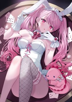 Rule 34 | 1girl, animal ear hairband, animal ears, bare shoulders, breasts, card, cleavage, collar, commentary, commission, detached collar, fake animal ears, fishnet thighhighs, fishnets, gloves, hairband, hanayura tira (vtuber), hands up, highres, indie virtual youtuber, large breasts, leotard, long hair, looking at viewer, lying, neck ribbon, on back, pink eyes, pink hair, pink ribbon, playboy bunny, poker chip, rabbit ear hairband, rabbit ears, ribbon, second-party source, shinomiya ino, single thighhigh, sleeveless, solo, symbol-only commentary, thighhighs, twintails, virtual youtuber, white collar, white gloves, white hairband, white leotard