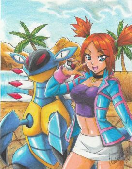 1girl 2019 absurdres arm_up armaldo artist_name black_choker blue_eyes blue_jacket breasts choker cowboy_shot crop_top day gen_3_pokemon highres holding holding_poke_ball jacket medium_breasts midriff navel nintendo open_clothes open_jacket open_mouth orange_hair outdoors palm_tree poke_ball pokemon pokemon_(creature) pokemon_colosseum purple_top ravernclouk_design rui_(pokemon) skirt standing thighs traditional_media tree twintails water waterfall white_skirt