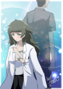 1boy 1girl black_shirt blunt_bangs blush from_behind green_eyes green_trim hiyajou_maho lab_coat lokis-hati long_hair long_sleeves looking_at_viewer messy_hair okabe_rintarou okabe_rintarou_(beta) oversized_clothes science_adventure shirt shorts steins;gate steins;gate_0 tank_top tongue very_long_hair