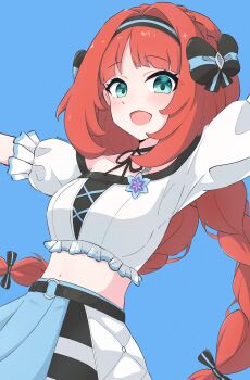 1girl absurdres aqua_eyes black_bow black_hairband blue_background blue_skirt bow breasts commentary_request cowboy_shot crop_top genshin_impact hair_bow hairband highres long_hair looking_at_viewer low_twintails makuraapillow midriff navel nilou_(flame_fusion)_(genshin_impact) nilou_(genshin_impact) open_mouth outstretched_arms red_hair shirt simple_background skirt small_breasts smile solo spread_arms twintails white_shirt