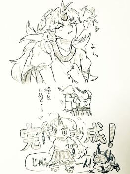 Rule 34 | 2girls, animal ears, bow, braid, cat ears, closed eyes, closed mouth, commentary request, fang, fang out, geta, hair bow, hoshiguma yuugi, kaenbyou rin, long hair, menotama, multi-source commentary, multiple girls, open mouth, pleated skirt, pointy ears, puffy short sleeves, puffy sleeves, shirt, short sleeves, skirt, smile, touhou, traditional media, translation request, twin braids, very long hair