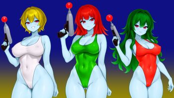 Rule 34 | blonde hair, blue skin, breasts, cameltoe, cleavage, colored skin, commentary request, covered erect nipples, covered navel, energy gun, gluteal fold, green eyes, green leotard, hair between eyes, highleg, highleg leotard, highres, latex, latex leotard, leotard, light blush, long hair, looking at viewer, original, ray gun, red eyes, red hair, red leotard, short hair, smile, super highleg, toraz rca, weapon, white leotard