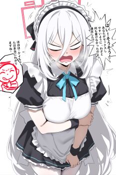 1boy 1girl :q absurdres alternate_costume angry blue_archive breasts commentary_request doodle_sensei_(blue_archive) enmaided hair_between_eyes halo highres kei_(blue_archive) kei_(new_body)_(blue_archive) long_hair maid maid_headdress medium_breasts pov red_halo sensei_(blue_archive) short_sleeves simple_background solo_focus speech_bubble tongue tongue_out translation_request very_long_hair white_background white_hair woo_(woosan)