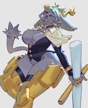 1girl 2026 absurdres animal_ears animal_feet animal_nose armor black_vest blue_eyes blush body_fur bojinko bottomless bracelet breasts bridal_gauntlets bright_pupils capelet cleavage commentary cross curvy english_commentary feet_out_of_frame female_focus floppy_ears full_body furry furry_female gold_horns grey_background grey_fur grey_hair half-closed_eyes highres holding holding_weapon horns jackalope jackalope_girl jewelry large_breasts leg_armor long_hair long_sleeves looking_at_viewer low-tied_long_hair open_mouth pseudoregalia snout solo sparkle standing stirrup_legwear sweat sybil_(pseudoregalia) tail thick_eyebrows thick_thighs thighs toeless_legwear v-shaped_eyebrows vest weapon white_pupils