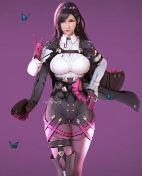 1girl 3d alternate_costume artist_name black_hair black_shorts blender_(medium) blue_butterfly breasts bug butterfly commentary cosplay crossover eyewear_on_head final_fantasy final_fantasy_vii final_fantasy_vii_remake gloves hand_on_own_hip highres honkai:_star_rail honkai_(series) index_finger_raised insect kafka_(honkai:_star_rail) kafka_(honkai:_star_rail)_(cosplay) large_breasts lips long_hair long_sleeves looking_at_viewer pantyhose pink_lips purple-tinted_eyewear purple_background purple_gloves purple_pantyhose raidenwgt red_eyes round_eyewear shirt shorts simple_background smile solo sunglasses thighs tifa_lockhart tinted_eyewear white_shirt