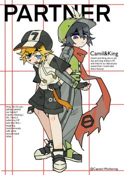 Rule 34 | 1boy, 2boys, absurdres, aotu world, artist name, back-to-back, baseball cap, belt, black gloves, black hair, black hat, black shoes, black shorts, blonde hair, blue eyes, camil (aotu world), character name, chinese commentary, closed mouth, drawstring, english text, fingerless gloves, full body, gloves, green hat, green vest, grey pants, grey shirt, hat, hat feather, highres, hood, hood down, hoodie, king (aotu world), locked arms, looking at viewer, male focus, multicolored hat, multicolored hoodie, multiple boys, open mouth, pants, pointy ears, red scarf, scarf, shirt, shoes, short hair, shorts, smile, sneakers, vest, white background, white hoodie, white shoes, xia8394727, yaoi, yellow belt