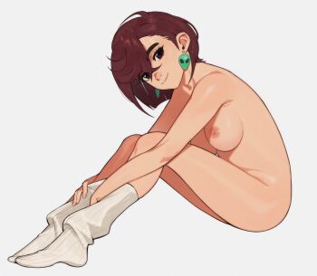 1girl ayase_momo breasts brown_eyes brown_hair commentary dandadan earrings highres jewelry knees_up leg_warmers looking_at_viewer medium_breasts nipples nude short_hair simple_background smile solo timbocactus white_background white_leg_warmers