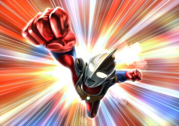 1boy absurdres alien arm_up armor blue_background blue_skin breastplate clenched_hands color_timer colored_skin commentary compound_eyes dorsal_fin emphasis_lines flying foreshortening from_above gattyo glowing glowing_eyes gun_gun_cut hashtag-only_commentary henshin highres knee_up looking_up male_focus multicolored_background multicolored_skin orange_background raised_fist reaching reaching_towards_viewer red_background red_skin shoulder_armor sky solo spoilers tokusatsu ultra_series ultraman_gaia ultraman_gaia_(series) ultraman_gaia_(super_supreme_version) yellow_background yellow_eyes