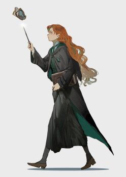 1girl black_robe black_skirt black_thighhighs blue_eyes book brown_shoes bug butterfly from_side full_body green_necktie green_vest gynger_edventray_(hiiragimare) highres hiiragimare hogwarts_legacy hogwarts_school_uniform holding holding_book holding_wand hooded_robe insect long_hair long_skirt mary_janes necktie original red_hair robe school_uniform shirt shoes simple_background skirt slytherin solo thighhighs vest walking wand white_background white_shirt wizarding_world