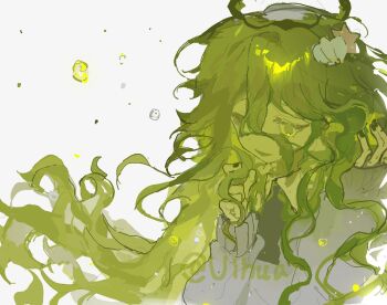 1boy bubble chinese_commentary collared_shirt commentary_request curly_hair floating_hair green_eyes green_hair green_theme grey_sweater hair_between_eyes long_bangs long_hair long_sleeves male_focus open_mouth original shirt smile solo sweater upper_body vihua6 white_background white_shirt