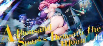 3girls absurdres armor ass bare_shoulders blonde_hair blue_eyes breasts curvy elbow_gloves english_text full_body gloves hand_on_own_hip highleg highleg_leotard highres holding holding_weapon horns huge_ass huge_breasts impossible_clothes impossible_leotard jumping large_breasts leotard lilith-soft long_hair looking_ahead mask medium_hair mogami_tsukumo motion_blur motion_lines mouth_mask multiple_girls nagiriin_ryou natalie_fletcher official_art pink_hair purple_leotard revealing_clothes shindol shiny_skin skin_tight skirt taimanin_(series) taimanin_rpgx taimanin_suit teamwork thong_leotard weapon wide_hips