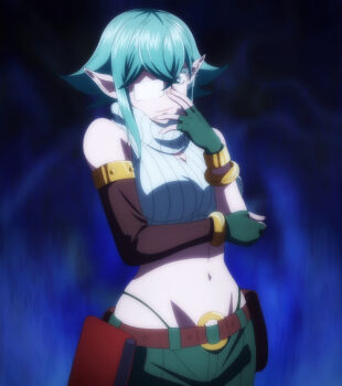 1girl arm_under_breasts breasts cleavage cleavage_cutout clothing_cutout elf glasses green_eyes green_hair hair_over_one_eye highres large_breasts legs looking_at_viewer navel pointy_ears salaryman_ga_isekai_ni_ittara_shitennou_ni_natta_hanashi shaded_face short_hair shorts smile solo stitched sylphid_(salaryman_ga_isekai_ni_ittara_shitennou_ni_natta_hanashi) thighs third-party_edit thong whale_tail_(clothing)