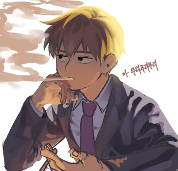Rule 34 | 1boy, arm rest, between fingers, black eyes, blonde hair, blowing smoke, cigarette, commentary, formal clothes, grey jacket, grey suit, hand on own face, haneu, head on hand, head rest, highres, holding, holding cigarette, jacket, looking to the side, male focus, mob psycho 100, necktie, pink necktie, reigen arataka, smoke, smoking, solo, suit, white background