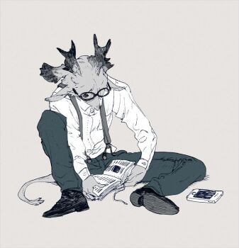 1boy antlers body_fur book commentary_request full_body furry furry_male glasses grey_background grey_eyes grey_fur holding holding_book horns knee_up male_focus nagabe original shirt simple_background sitting solo suspenders tail white_shirt