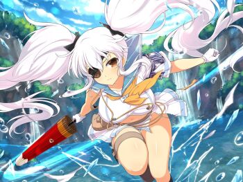 1girl armband ascot attack belt belt_pouch blue_armband blue_sailor_collar blue_sky blush breasts brown_belt buttons closed_umbrella cloud cloudy_sky cryokinesis double-breasted energy eyepatch gloves hair_ornament hanzou_academy_school_uniform hydrokinesis ice kunai large_breasts long_hair looking_at_viewer miniskirt motion_lines navel official_alternate_costume official_art oil-paper_umbrella orange_ascot plant pleated_skirt pouch red_eyes running_towards_viewer sailor_collar school_emblem school_uniform senran_kagura senran_kagura_new_link senran_kagura_shoujo-tachi_no_shin&#039;ei serafuku shiny_skin shirt shuriken shuriken_hair_ornament skirt sky solo splashing thigh_gap thigh_strap torn_armband torn_clothes torn_shirt torn_skirt torn_sleeves tree twintails umbrella water water_drop waterfall weapon white_gloves white_hair white_serafuku white_skirt yaegashi_nan yagyu_(senran_kagura)