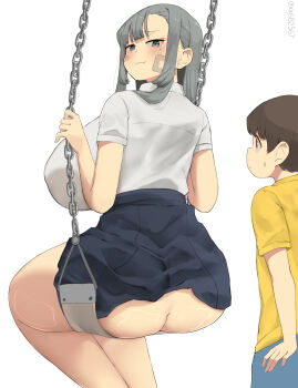 1boy 1girl age_difference ass ass_peek bandages blush breasts fang from_behind highres huge_breasts looking_back minggoo original plump shirt sitting skirt smug swing thick_thighs thighs white_shirt