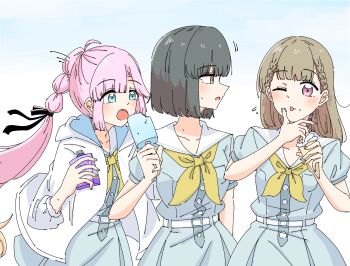 3girls :o ;p anyoji_hime black_bow black_hair black_ribbon blue_background blue_dress blue_eyes blunt_bangs blunt_ends blunt_sidelocks blush bob_cut bow braid breast_pocket breasts brown_hair closed_mouth collarbone commentary cowboy_shot dress flying_sweatdrops food food_bite food_theft green_eyes hair_bow hair_ribbon hasu_no_sora_school_uniform highres holding holding_food holding_popsicle hood hooded_jacket hot ice_cream jacket kachimachi_kosuzu link!_like!_love_live! looking_at_another love_live! medium_breasts medium_hair momiji_(moj_0404) momose_ginko multi-tied_hair multiple_girls neckerchief no_dickey one_eye_closed open_clothes open_jacket open_mouth pink_eyes pink_hair pleated_dress pocket ponytail popsicle puffy_short_sleeves puffy_sleeves ribbon sailor_collar sailor_dress school_uniform short_hair short_sleeves side_braids sidelocks simple_background soft_serve summer_uniform sweat three-quarter_sleeves tongue tongue_out virtual_youtuber white_jacket white_sailor_collar wiping_face yellow_neckerchief