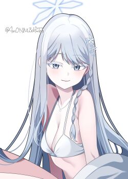 1girl 4rion absurdres bare_shoulders blue_archive blush braid breasts cleavage closed_mouth colored_eyelashes commentary grey_eyes grey_hair hair_between_eyes hair_ornament hair_over_shoulder halo halterneck highres jewelry long_hair looking_at_viewer medium_breasts nagusa_(blue_archive) nagusa_(swimsuit)_(blue_archive) necklace official_alternate_costume simple_background single_braid smile snowflake_hair_ornament solo straight_hair twitter_username upper_body very_long_hair white_background white_eyelashes white_halo