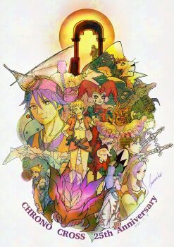 4715az 4girls 6+boys adjusting_eyewear aged_down alien anniversary arch arm_markings bandana bead_necklace beads blonde_hair blue_eyes blue_flower blue_hair boat braid breasts brown_gloves cat_boy child chrono_cross coat commentary_request copyright_name crop_top cropped_jacket dagger dario_(chrono_cross) dated detached_sleeves dragon dress earrings facepaint facial_mark flower frozen_flame furrowed_brow furry furry_male glasses glenn_(chrono_cross) gloves gold_trim green_dress green_hairband guile_(chrono_cross) hair_between_eyes hair_ornament hairband harle_(chrono_cross) hat headband helmet highres holding holding_flower jacket jester_cap jewelry karsh_(chrono_cross) kid_(chrono_cross) knife low_ponytail lynx_(chrono_cross) medium_breasts midriff miguel_(chrono_cross) military_uniform miniskirt multi-tied_hair multiple_boys multiple_girls navel necklace open_mouth outstretched_arms pants pendant pom_pom_(clothes) pom_pom_earrings ponytail purple_hair red_bandana red_eyes red_jacket red_skirt riddel_(chrono_cross) serge_(chrono_cross) shirt short_hair short_sleeves single_braid skirt smile snake_hair_ornament space_helmet starky_(chrono_cross) strapless strapless_dress suspenders teardrop_facial_mark watercraft weapon white_coat white_headband white_pants white_shirt