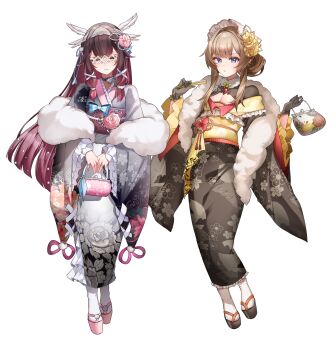 2girls absurdres alternate_costume bag black_bag black_gloves black_hair black_kimono blue_eyes brown_hair chinese_commentary closed_eyes closed_mouth columbina_(genshin_impact) commentary_request eye_mask floral_print flower frilled_sleeves frills full_body genshin_impact gloves hair_flower hair_ornament head_wings highres holding holding_bag japanese_clothes jewelry kimono long_hair long_sleeves mask multicolored_hair multiple_girls obi own_hands_together pink_bag pink_flower pink_rose ring rose sandals sandrone_(genshin_impact) sash simple_background smile socks standing white_background white_kimono white_socks wide_sleeves wings zou_zey